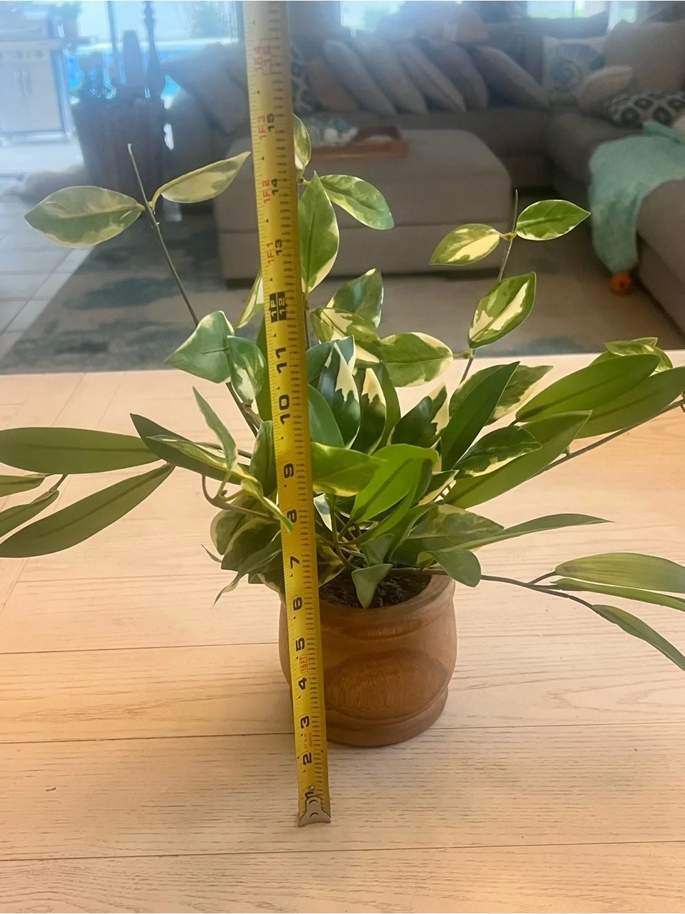Green Lifelike Variegated Faux Plant in Wooden Pot